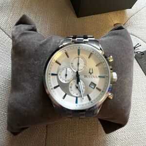 Bulova Silver Men’s Chronograph Watch with Blue Accents